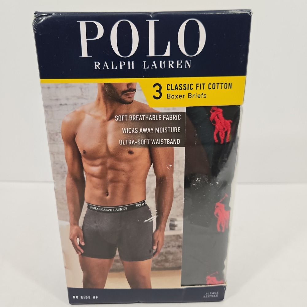 NEW Polo Ralph Lauren Mens Large Classic Fit Cotton Boxer Briefs 3 Pack Black L